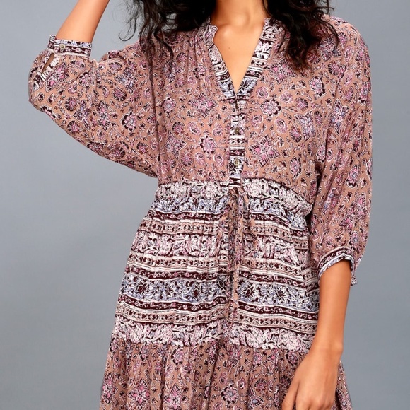 Billabong Marry Mine Taupe & Magenta Print mini Dress Sz L boho tie waist - Picture 1 of 12